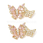 Brass Micro Pave Cubic Zirconia Pendants, Butterfly Charm, Pink and Clear, Real 18K Gold Plated, 12x22x3mm, Hole: 1.4mm(KK-H526-08G)