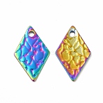 Ion Plating(IP) 304 Stainless Steel Pendants, Textured, Rhombus, Rainbow Color, 16x9.5x0.6mm, Hole: 1.4mm(STAS-F290-12MC)