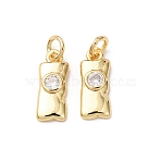 Brass Micro Pave Cubic Zirconia Pendants, Rectanglec Charms, Cadmium Free & Lead Free, Rack Plating, Long-Lasting Plated, with Jump Ring, Real 18K Gold Plated, 12x5x2mm, Hole: 2.3mm(KK-D019-10G)