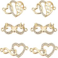 6Pcs 3 Style Brass Micro Pave Clear Cubic Zirconia Links Connectors, Connector Charms, Heart, Real 18K Gold Plated, 8.5x23x2mm, 2pcs/style(ZIRC-FG0001-02)