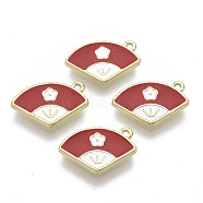 Alloy Charms, with Enamel, Fan with Flower, Light Gold, Red, 10x15x1.5mm, Hole: 1.2mm(PALLOY-S177-77C)