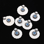 Freshwater Shell Pendants, with Evil Eye Resin, Polymer Clay Rhinestone, Pearl and Iron Loop, Flower, Seashell Color, PP12(1.8~1.9mm), 44~50x37~43.5x8.5~10.5mm, Hole: 2mm(SHEL-T015-04)