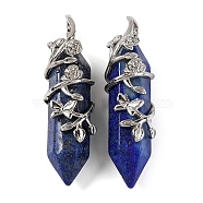 Dyed Natural Lapis Lazuli Double Terminal Pointed Pendants, Brass Flower Wrapped Faceted Bullte Charms, Platinum, 50x12x15mm, Hole: 9x5mm(G-C144-03P-08)