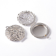 Flat Round Brass Diffuser Locket Pendants, Silver Color Plated, 32x27mm, Hole: 2mm(ECF134-2S)