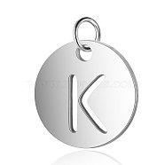 304 Stainless Steel Charms, Flat Round with Letter, Stainless Steel Color, Letter.K, 12x1mm, Hole: 2.5mm(STAS-S105-T514S-K)