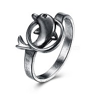 Fashion & Vintage Brass Finger Rings, Dolphin, Antique Silver, US Size 9(18.9mm)(RJEW-BB24361-9)