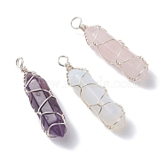 Natural Gemstone Double Terminated Pointed Pendants, with Platinum Tone Copper Wire Wrapped, Bullet, 38.5~40.5x10.5x10.5mm, Hole: 3.5~4mm(PALLOY-JF01227)