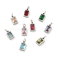 304 Stainless Steel Pendants, with Cubic Zirconia and Jump Rings, Single Stone Charms, Rectangle, Stainless Steel Color, Mixed Color, 9.5x6x3mm, Hole: 3.6mm(STAS-D189-03P-A)
