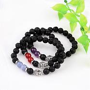 Natural Lava Rock Bead Stretch Bracelets, with Natural Gemstone Beads and Alloy 3D Buddha Head Beads, Antique Silver, 55mm(BJEW-JB02273)