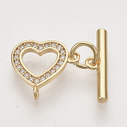 Brass Micro Pave Clear Cubic Zirconia Toggle Clasps, with Jump Rings, Nickel Free, Heart, Real 18K Gold Plated, Heart: 12x12.5x1.5mm, Hole: 1mm, Bar: 15x2mm, Hole: 1mm, Jump Ring: 5x0.8mm, 3mm Inner Diameter(KK-T054-13G-NF)