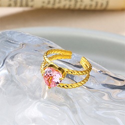 304 Stainless Steel & Cubic Zirconia Cuff Open Rings for Women, Heart, Golden, Pearl Pink, Heart: 9x9.5mm, US Size 7 1/4(17.5mm)(RJEW-G376-01G-01)