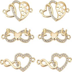 6Pcs 3 Style Brass Micro Pave Clear Cubic Zirconia Links Connectors, Connector Charms, Heart, Real 18K Gold Plated, 8.5x23x2mm, 2pcs/style(ZIRC-FG0001-02)