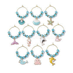 Ocean Theme Alloy Enamel Wine Glass Charms, with Glass Beads and Brass Charm Ring, Mixed Shapes, Mixed Color, 43~52mm(AJEW-JO00238)