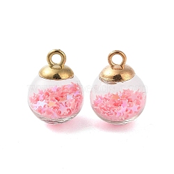 Glass Round Pendants, with Plastic Finding and Foam Glitter, Pink, 21x16mm, Hole: 2.5mm(GLAA-P063-01G-03)
