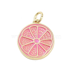 Rack Plating Brass Enamel Pendants, with Jump Ring, Long-Lasting Plated, Cadmium Free & Lead Free, Lemon Slices Charm, Real 18K Gold Plated, Pink, 17x14.5x2mm, Hole: 3mm(KK-M293-39G-03)