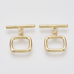 Brass Toggle Clasps, Real 18K Gold Plated, Rectangle Ring, Nickel Free, 21mm Long, Bar: 19x5x2mm, Hole: 1.6mm, Ring: 14x14x2mm, Hole: 1.6mm, Jump Ring: 5x3x1mm(X-KK-N216-42)