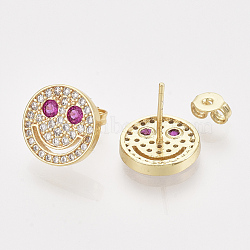 Brass Micro Pave Cubic Zirconia Stud Earrings, with Ear Nuts, Smiling Face, Clear & Fuchsia, Real 18K Gold Plated, 12mm, Pin: 0.7mm(EJEW-S201-193)