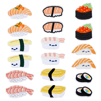 18Pcs 9 Styles Sushi Theme Computerized Embroidery Cloth Iron on/Sew on Patches, Costume Accessories, Appliques, Mixed Color, 22~39x33.5~54x1~2mm, 2pcs/style