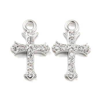 Brass Micro Pave Cubic Zirconia Pendants, Cross, Real Platinum Plated, 12x7x2mm, Hole: 1.2mm