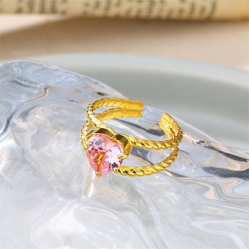 304 Stainless Steel & Cubic Zirconia Cuff Open Rings for Women, Heart, Golden, Pearl Pink, Heart: 9x9.5mm, US Size 7 1/4(17.5mm)
