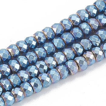 Electroplate Non-magnetic Synthetic Hematite Beads Strands, Faceted, Rondelle, Blue Plated, 3x2mm, Hole: 1mm, about 190pcs/strand, 16.1 inch