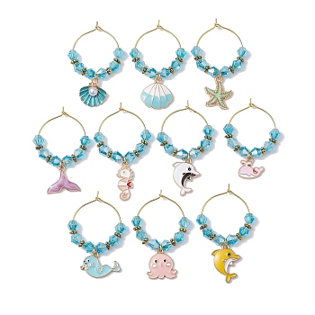 Ocean Theme Alloy Enamel Wine Glass Charms, with Glass Beads and Brass Charm Ring, Mixed Shapes, Mixed Color, 43~52mm