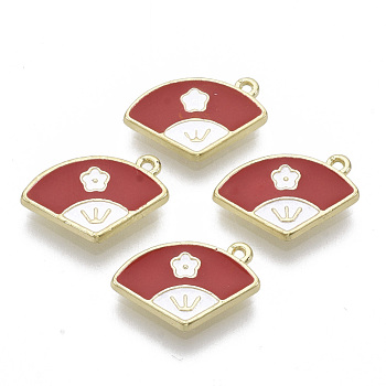 Alloy Charms, with Enamel, Fan with Flower, Light Gold, Red, 10x15x1.5mm, Hole: 1.2mm