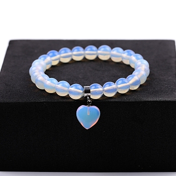 Opalite Beaded Stretch Bracelets, with Heart Charms, 7-1/4~7-1/2 inch(18.5~19cm)