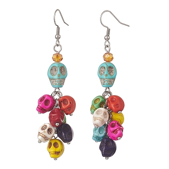 Dyed Synthetic Turquoise Skull Dangle Earrings, 304 Stainless Steel Cluster Drop Earrings for Women, Colorful, 78mm, Pin: 0.8mm