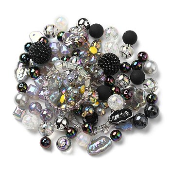 Acrylic Beads, Mixed Shapes, Black, 8~51x8~51x6~27.5mm, Hole: 1.8~3.8mm, about 163pcs/380.2g, 380.2g/bag