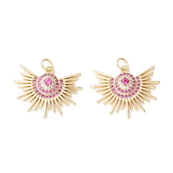 Brass Micro Pave Deep Pink Cubic Zirconia Pendants, Fan, Real 18K Gold Plated, 19.5x25x4.5mm, Jump Ring: 5x0.8mm, 3.5mm inner diameter