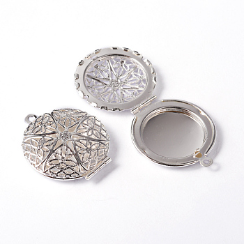 Flat Round Brass Diffuser Locket Pendants, Silver Color Plated, 32x27mm, Hole: 2mm