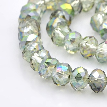 Half Rainbow Plated Faceted Rondelle Glass Beads Strands, Clear, 8x6mm, Hole: 1mm, about 65pcs/strand, 16 inch