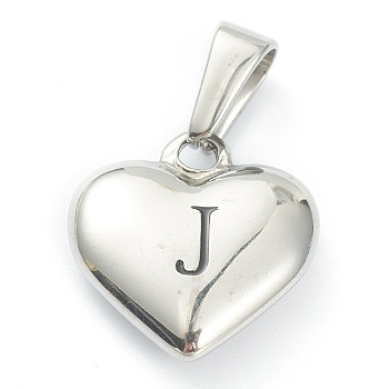304 Stainless Steel Pendants, Heart with Black Letter, Stainless Steel Color, Letter.J, 16x16x4.5mm, Hole: 7x3mm