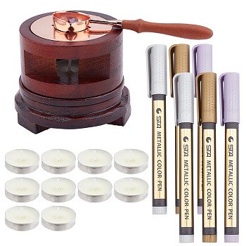 CRASPIRE DIY Scrapbook Making Kits, Including Seal Stamp Wax Stick Melting Pot Holder, Wood Decoration Accessories Display Bases, Metallic Markers Paints Pens and Candles, Mixed Color, 7.45x3.85cm, 1pc