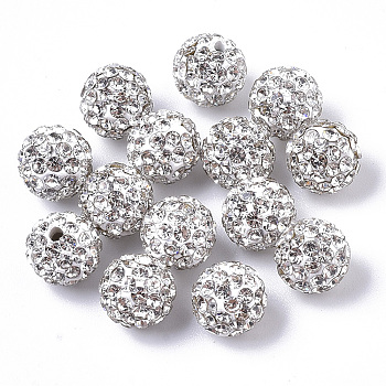 Pave Disco Ball Beads, Polymer Clay Pave Rhinestone Beads, Round, Half Drilled, Crystal, PP11(1.7~1.8mm), 6 Rows Rhinestone, 8mm, Half Hole: 1mm