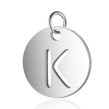 304 Stainless Steel Charms, Flat Round with Letter, Stainless Steel Color, Letter.K, 12x1mm, Hole: 2.5mm