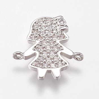 Brass Micro Pave Cubic Zirconia Links, Girl, Clear, Platinum, 15x15.5x2mm, Hole: 0.8mm