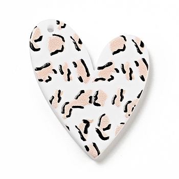 Printed Acrylic Pendants, Heart with Leopard Print Pattern, PeachPuff, 34x28x2mm, Hole: 1.5mm