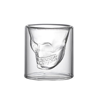 Halloween High Borosilicate Glass Skull Head Cup, Column Double Wall Mug, for Coffe, Tea, Wine Home Decorations Birthday Gift, Clear, 45x50mm, Capacity: 25ml