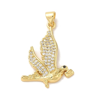 Rack Plating Brass Micro Pave Clear Cubic Zirconia Pendants, Long-Lasting Plated, Cadmium Free & Lead Free, Bird, Real 18K Gold Plated, 27.5x20x3mm, Hole: 4x3mm