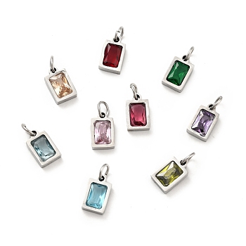 304 Stainless Steel Pendants, with Cubic Zirconia and Jump Rings, Single Stone Charms, Rectangle, Stainless Steel Color, Mixed Color, 9.5x6x3mm, Hole: 3.6mm