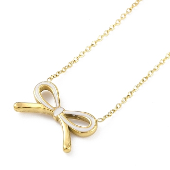 Ion Plating(IP) Golden Tone 304 Stainless Steel Enamel Bowknot Pendant Necklaces for Women, White, 16.73 inch(42.5cm)