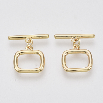 Brass Toggle Clasps, Real 18K Gold Plated, Rectangle Ring, Nickel Free, 21mm Long, Bar: 19x5x2mm, Hole: 1.6mm, Ring: 14x14x2mm, Hole: 1.6mm, Jump Ring: 5x3x1mm