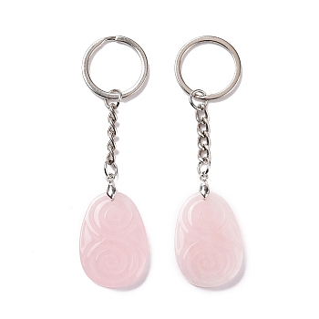 Natural Rose Quartz Teardrop with Spiral Pendant Keychain, with Brass Split Key Rings, 9.5cm