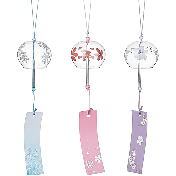 3Pcs 3 Styles Glass Wind Chime, with Polyester Cord & Paper, Mixed Color, 400mm, 1pc/styles