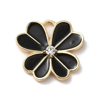 Flower Alloy Enamel Pendants, with Rhinestone, Light Gold, Black, 19x19.5x3mm, Hole: 4x2.5mm