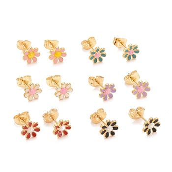 304 Stainless Steel Enamel Stud Earrings, with 316 Surgical Stainless Steel Pin & Glitter Powder, Golden, Daisy Flower, Mixed Color, 8x8x1.5mm, Pin: 0.8mm