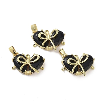 Real 18K Gold Plated Brass Glass Pendants, Heart with Bowknot Charm, Lead Free & Cadmium Free, Long-Lasting Plated, Black, 14x19x6mm, Hole: 2.5x4mm