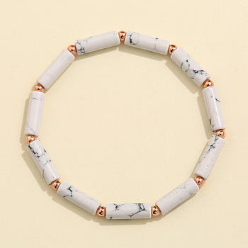 Column Natural Howlite Beads Stretch Bracelets for Women Men, with Beass Beads, 6-7/8 inch(17.5cm)